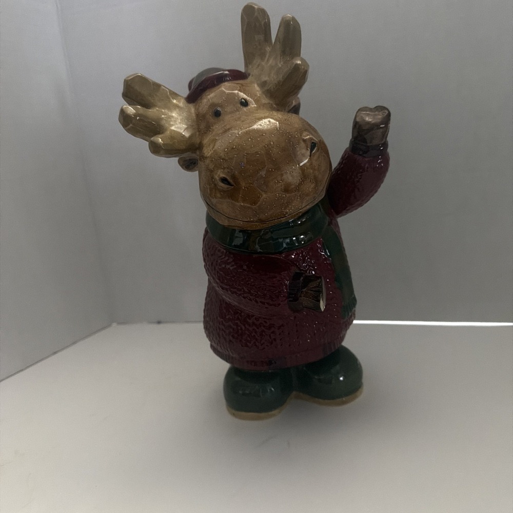 Ceramic Winter Moose Figurine Burgundy Sweater Scarf Christmas Holiday Decor